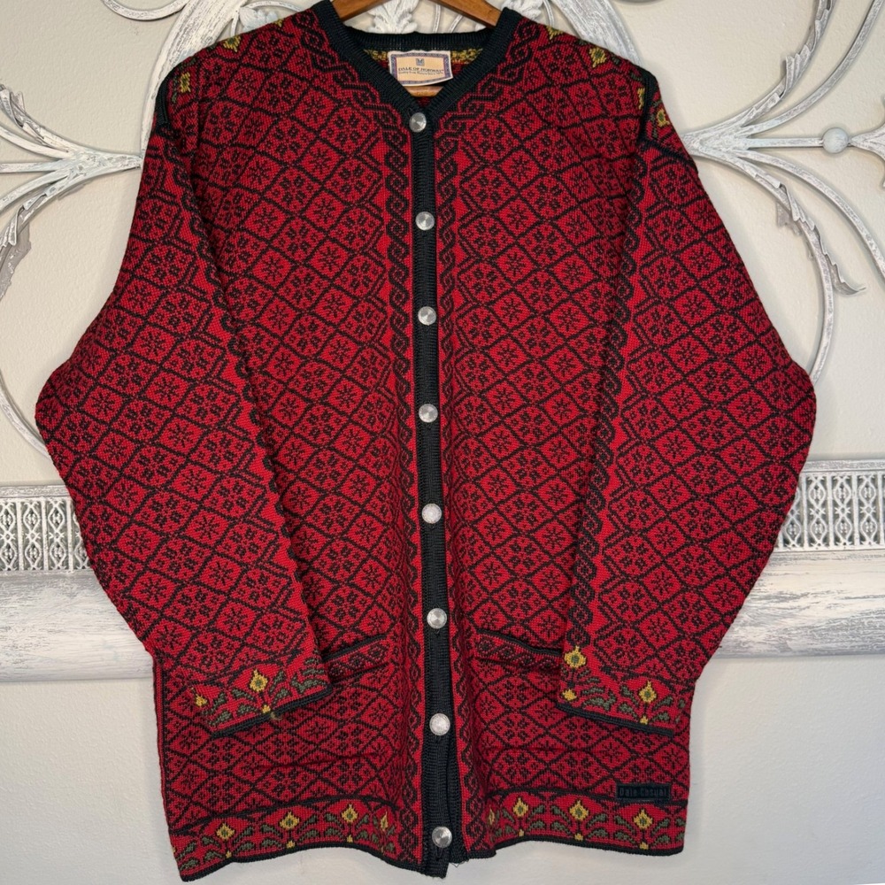 Vintage Dale of Norway Red Black Wool Nordic Cardigan Sweater 80s Womens Large
